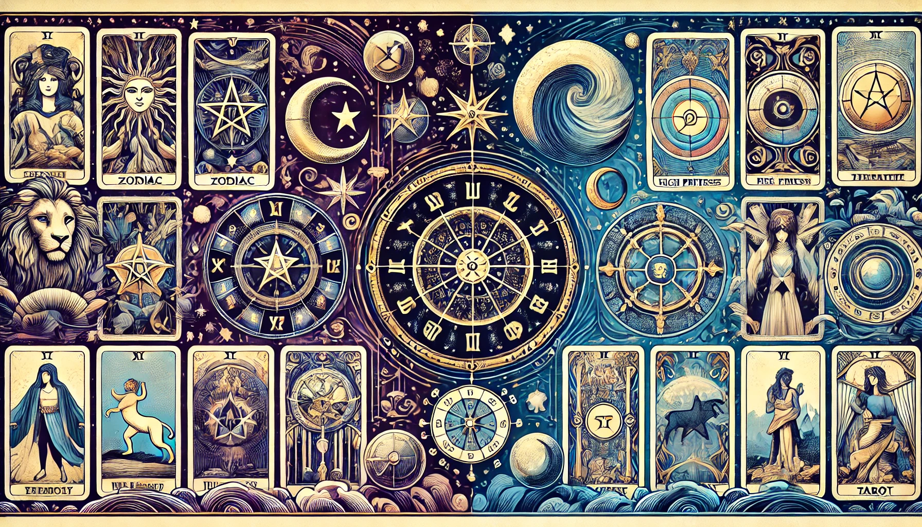 Ілюстрація інтегрує символи зодіаків із картами Таро, підкреслюючи зв’язок між астрологією та цією системою передбачення. Вона передає містичну атмосферу та гармонійно поєднує стародавні символи зі світом Таро.